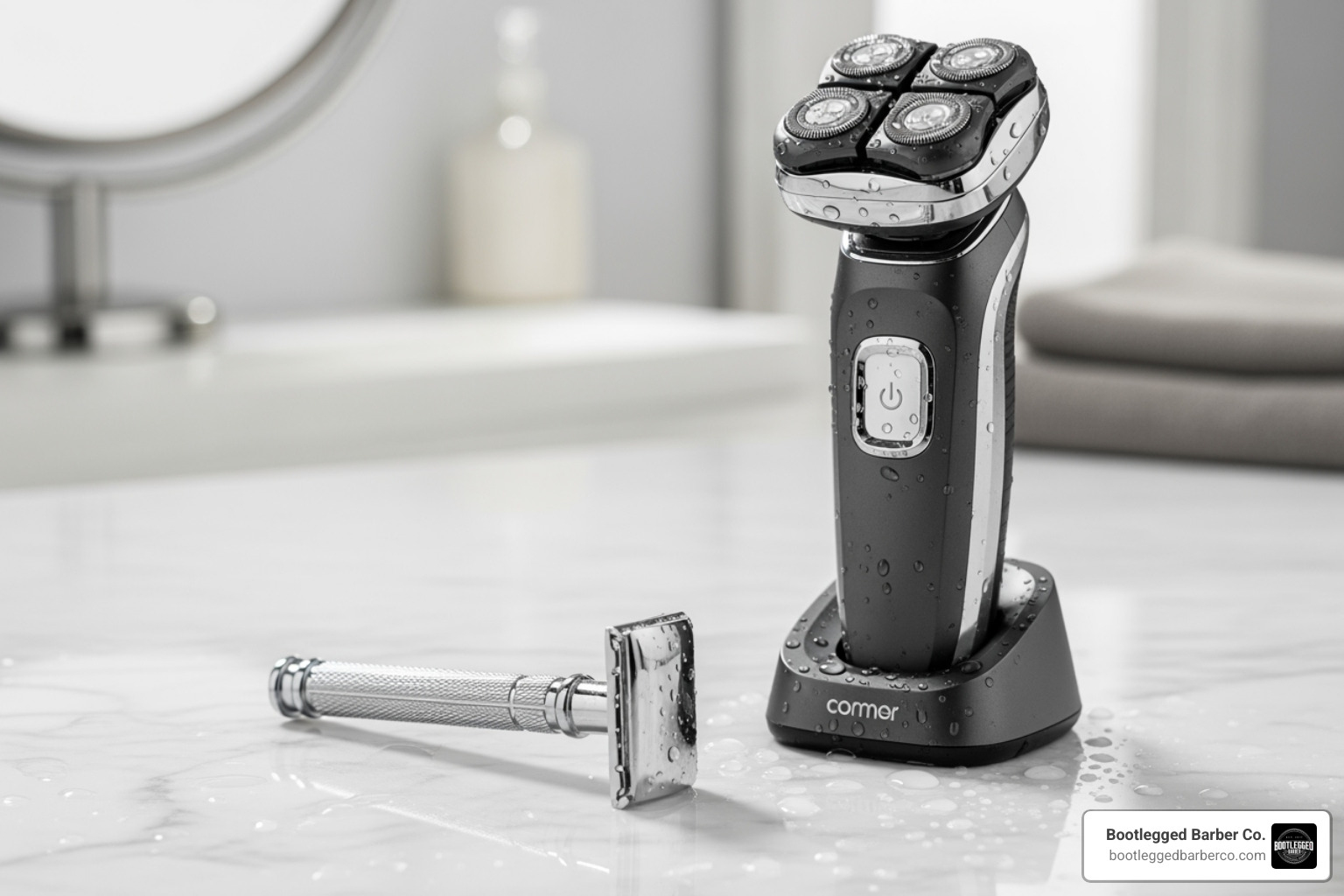 A classic safety razor next to a modern rotary electric shaver - Ultimate head shave