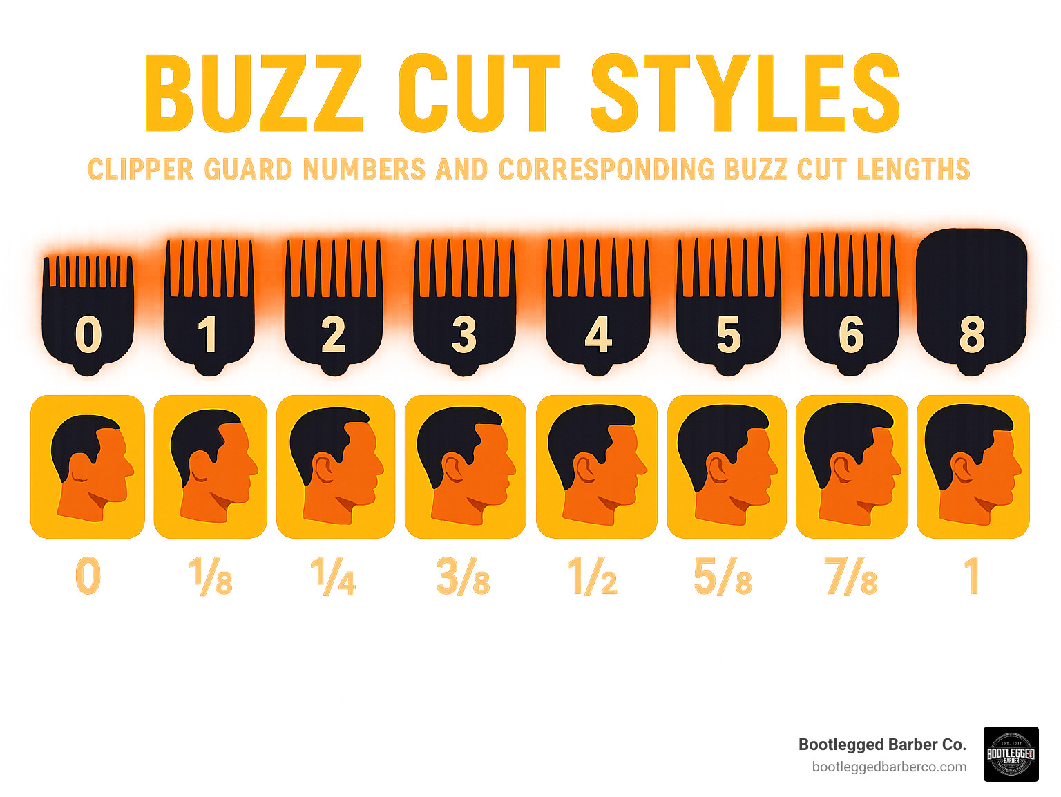 Infographic showing clipper guard numbers and corresponding buzz cut lengths from 0 to 8 - Buzz cut styles infographic 