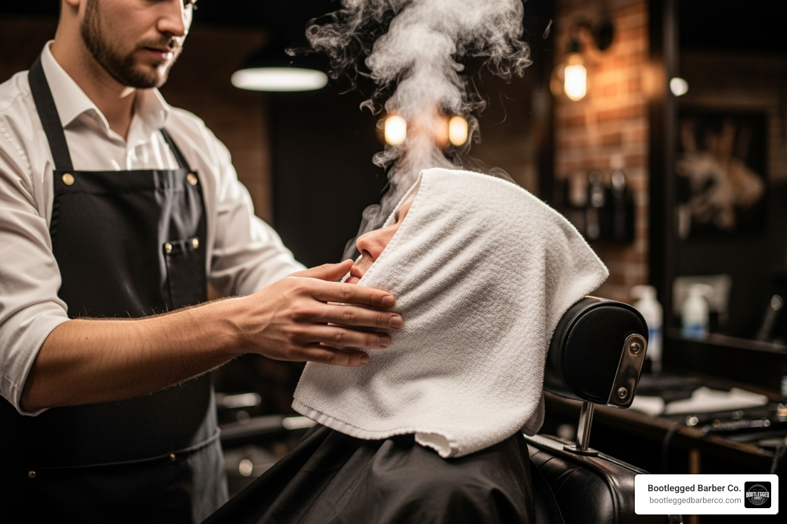 barber applying hot towel to client's head - head shave service