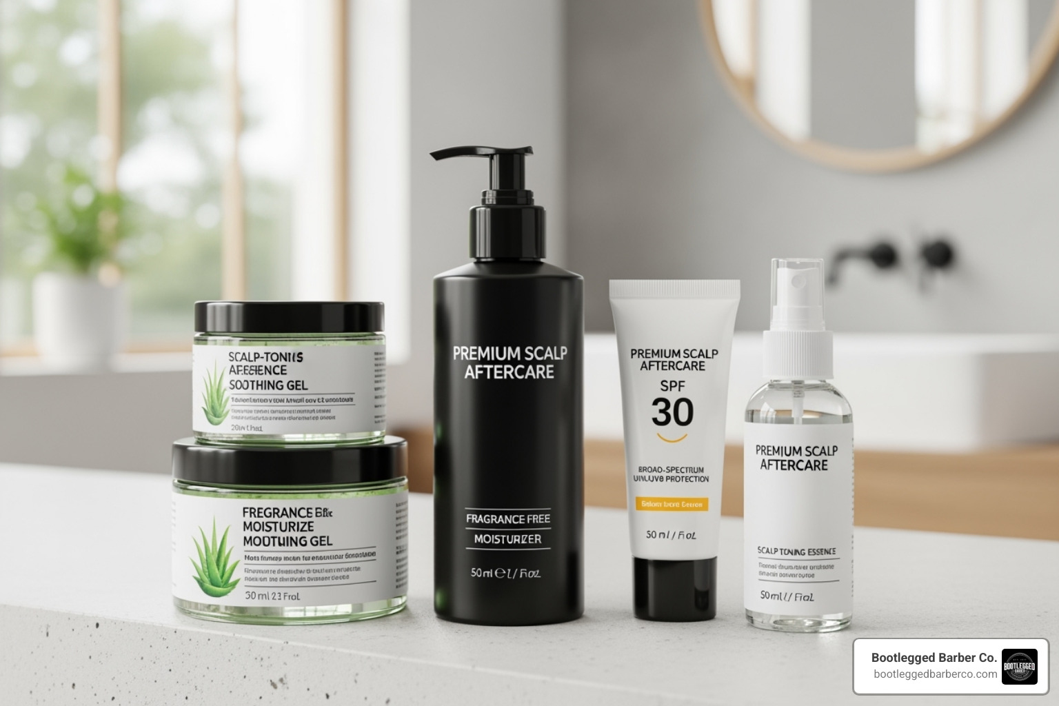 various aftercare products like moisturizer and SPF for the scalp - head shave service