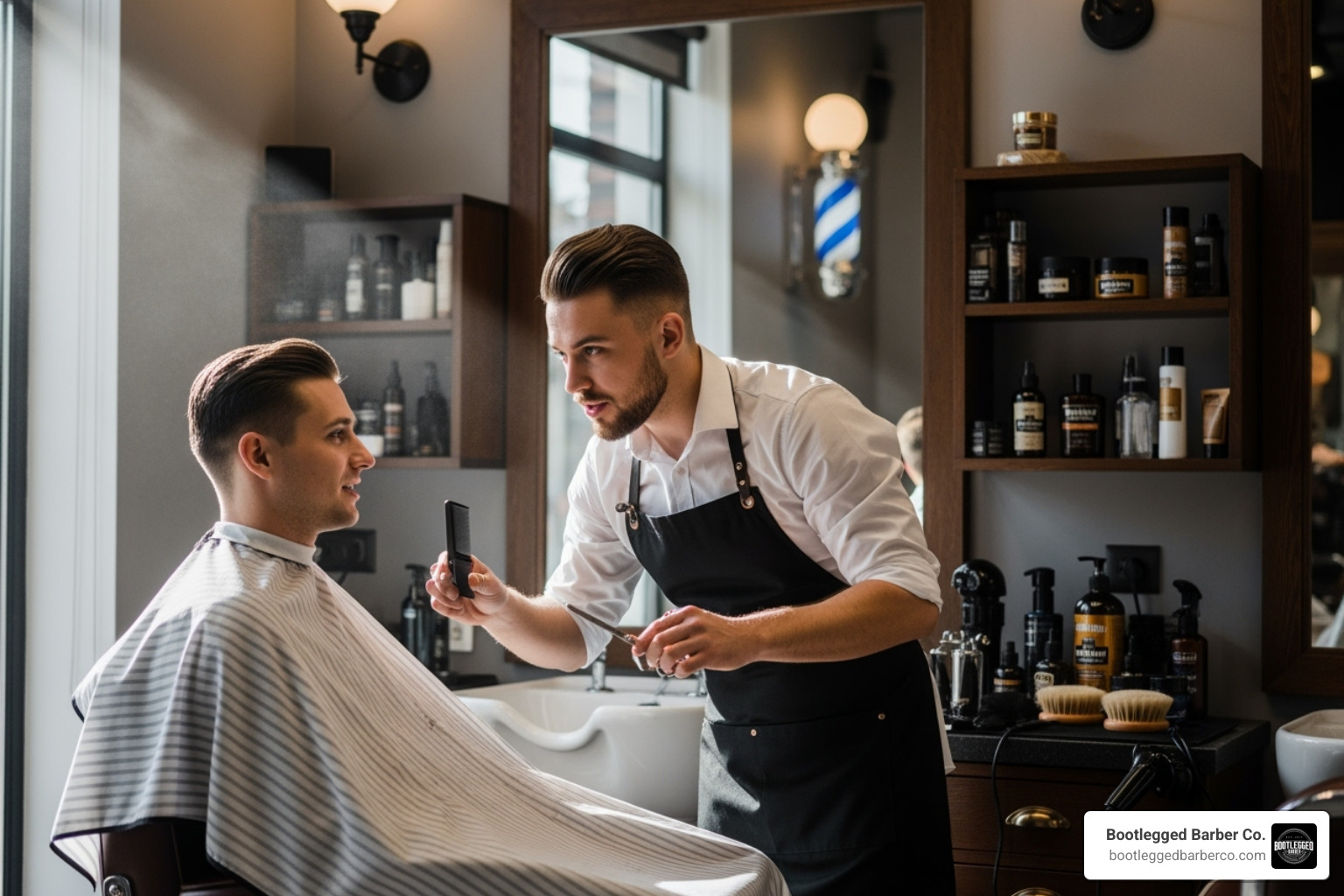 client talking to barber during a consultation - head shave service