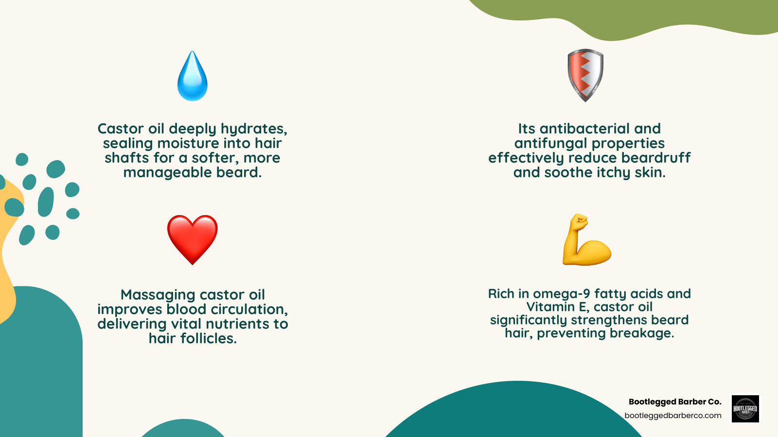 Infographic showing the top 5 benefits of castor oil for beards including deep hydration with moisture molecules penetrating hair shaft, anti-inflammatory properties reducing skin irritation, blood circulation improvement through massage, antibacterial protection against beardruff, and hair strengthening through omega-9 fatty acids and vitamin E - castor oil beard oil infographic 4_facts_emoji_nature