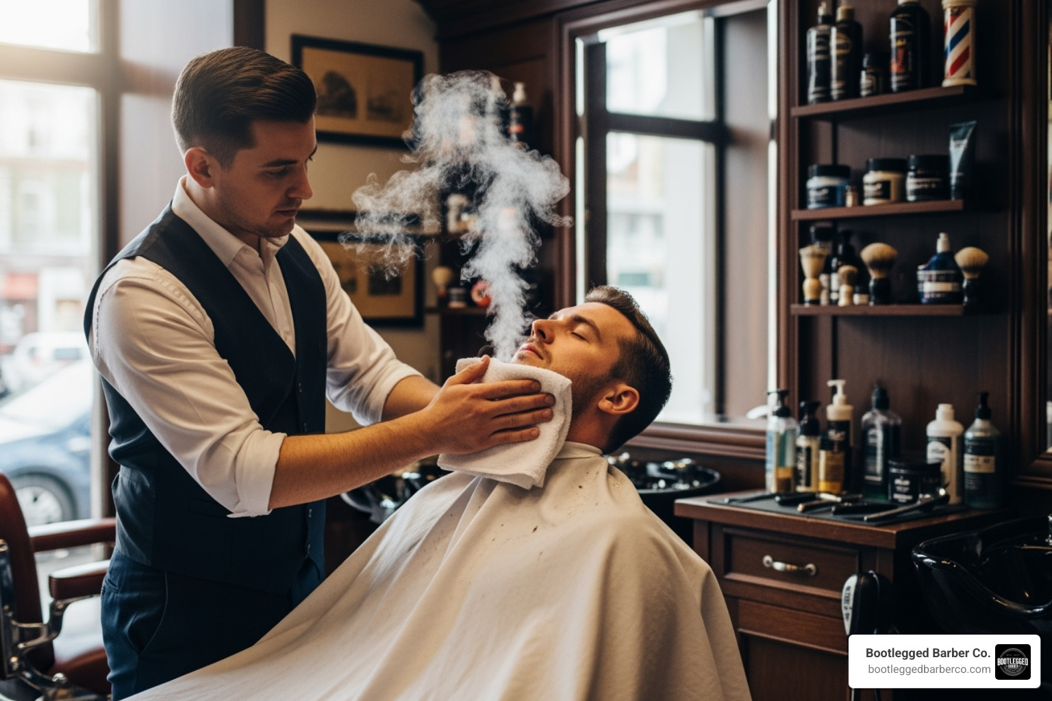 barber applying steaming towel - what does a hot towel shave do barber applying steaming towel - what does a hot towel shave do
