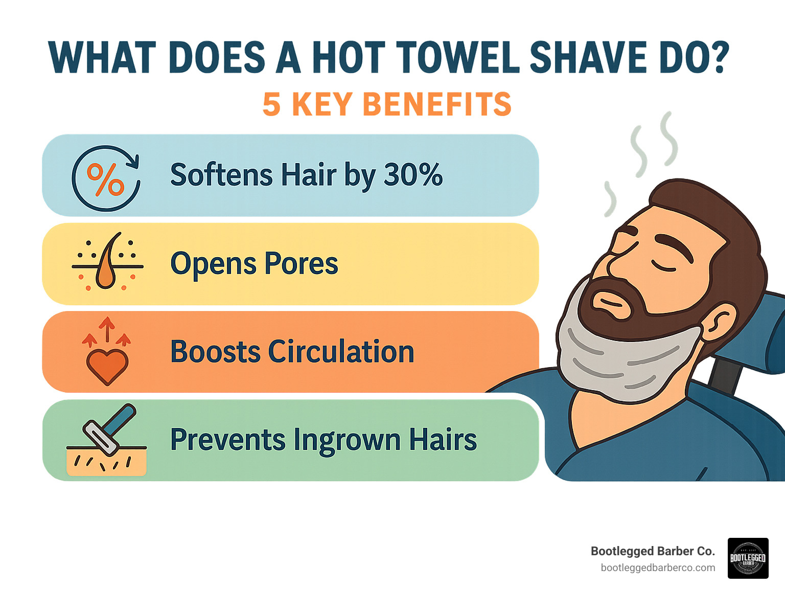 Infographic showing the 5 key benefits of hot towel shaves: softens hair by 30%, opens pores for deep cleansing, boosts circulation to reduce irritation, prevents ingrown hairs through professional technique, and provides stress-relieving relaxation - what does a hot towel shave do infographic Infographic showing the 5 key benefits of hot towel shaves: softens hair by 30%, opens pores for deep cleansing, boosts circulation to reduce irritation, prevents ingrown hairs through professional technique, and provides stress-relieving relaxation - what does a hot towel shave do infographic