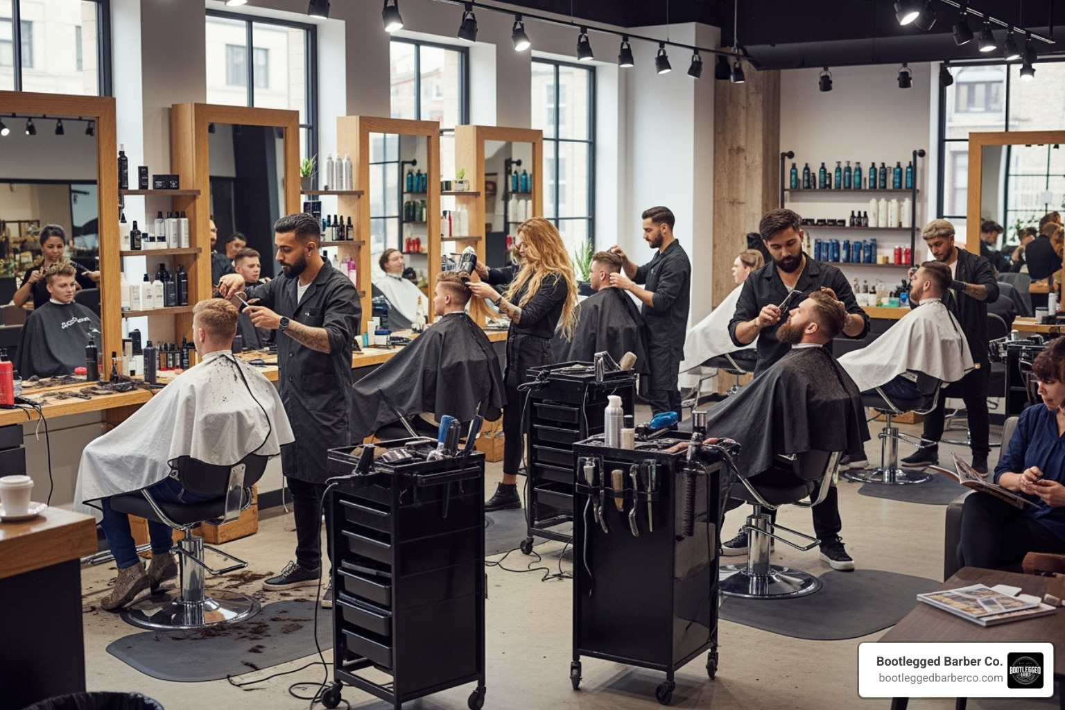 diverse group of stylists and barbers working in a shop - beauty salons in utah