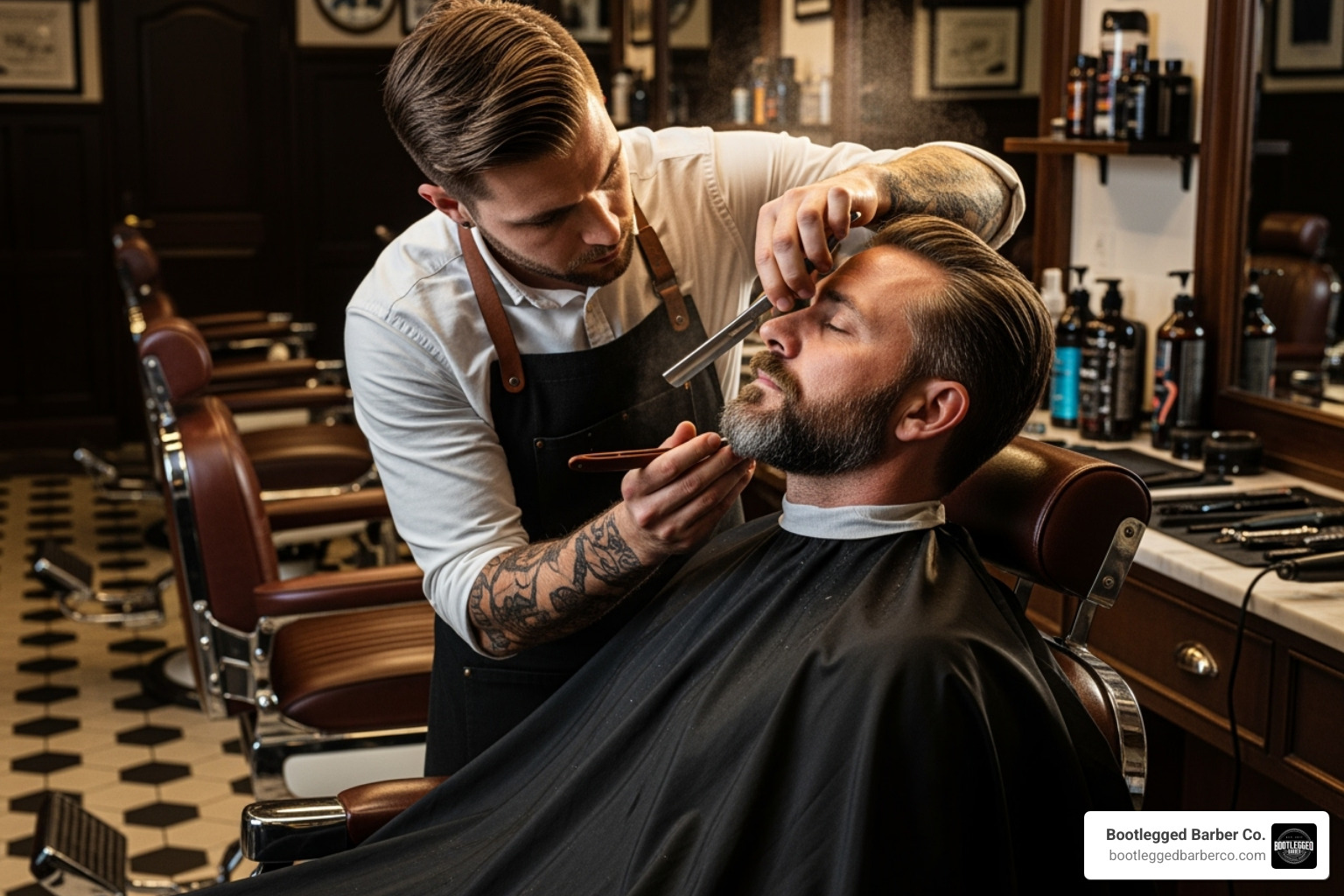 A Bootlegged Barber Co. barber carefully shaping a client's beard with a straight razor - barber and beard trim near me