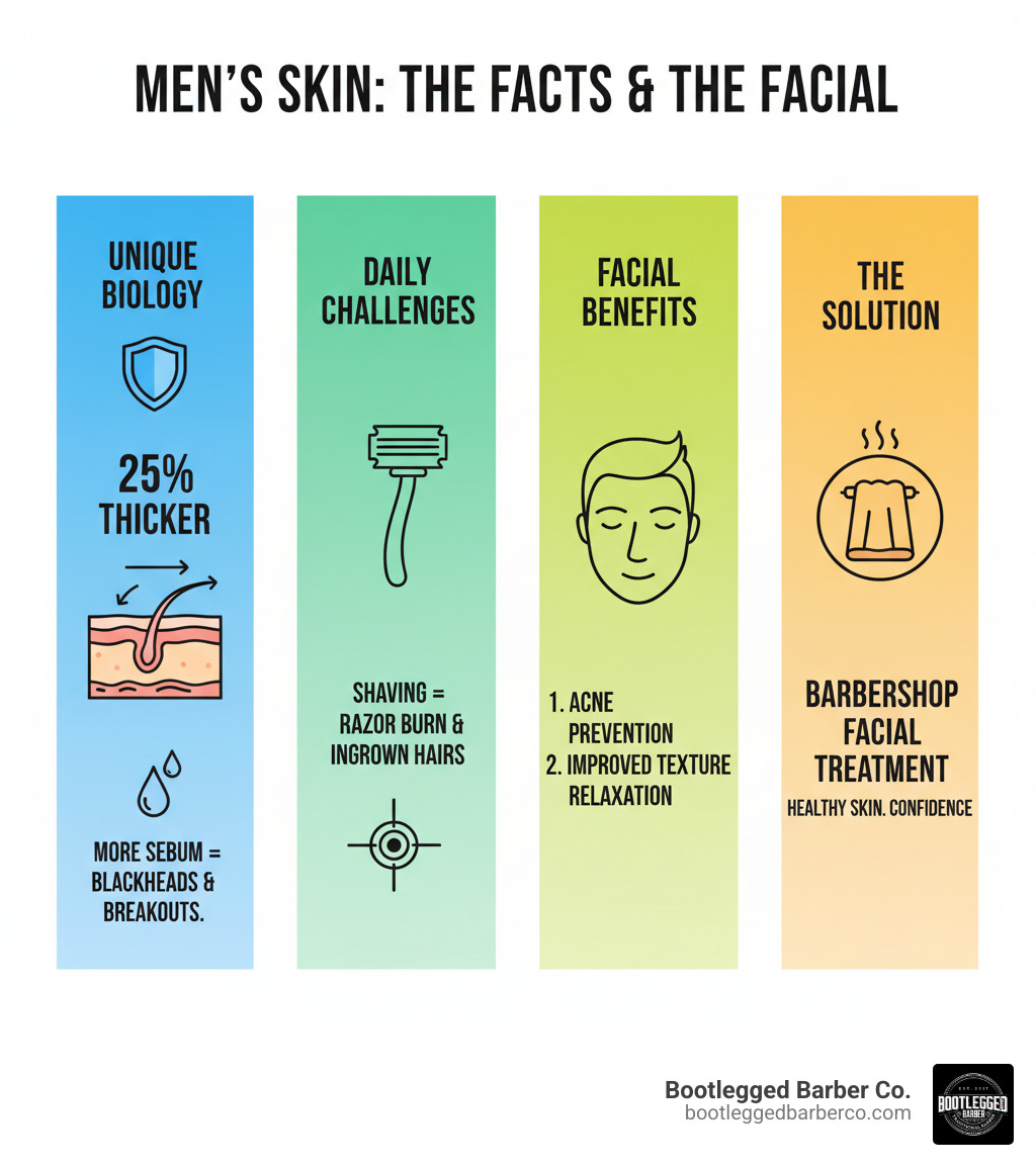 Infographic showing men's skin characteristics: 25% thicker than women's skin, produces more sebum leading to blackheads and breakouts, daily shaving causes razor burn and ingrown hairs, and facial benefits including acne prevention, improved texture, and relaxation - Barbershop facial treatment infographic 