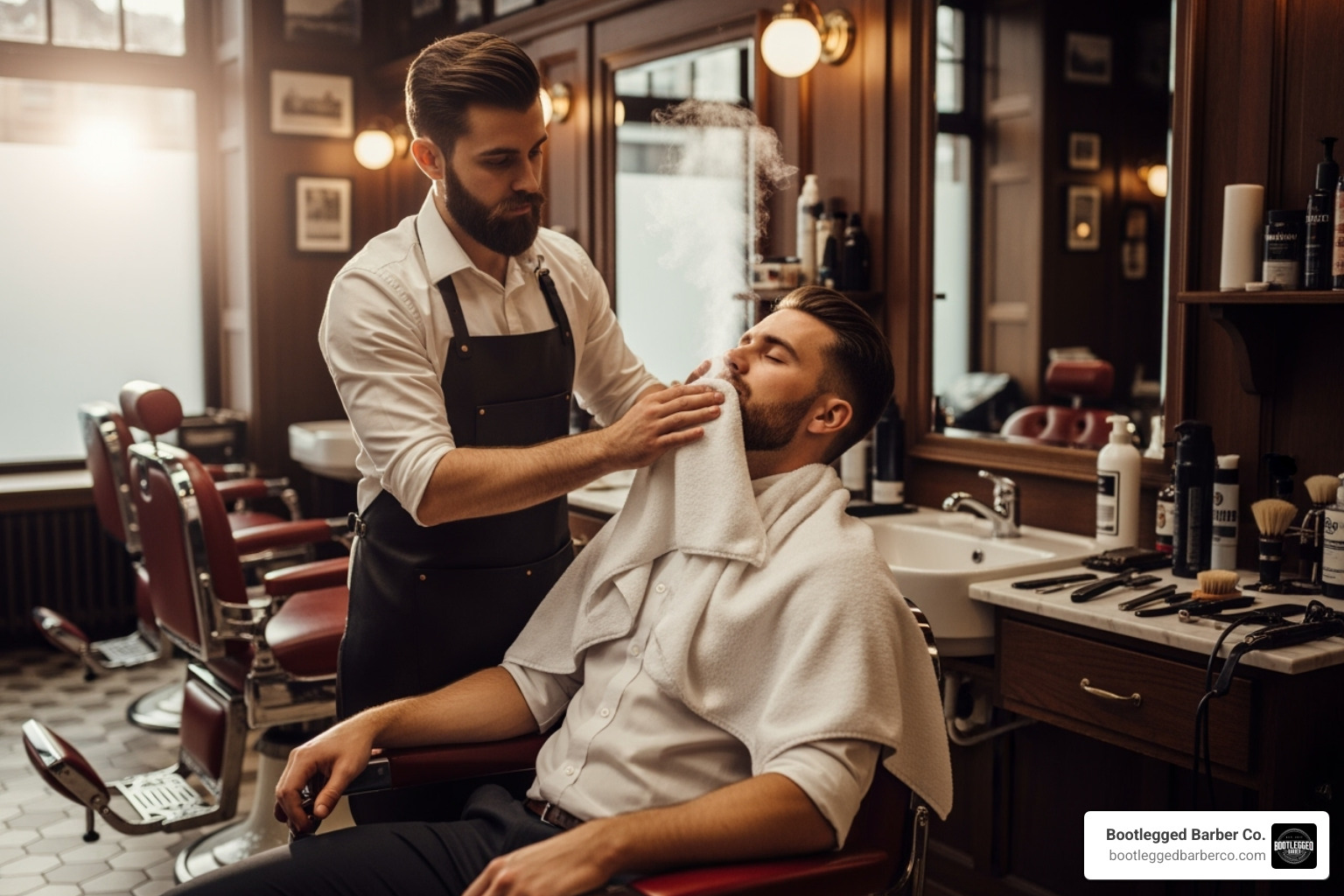 a barber applying a hot towel to a client's face - Barbershop facial treatment