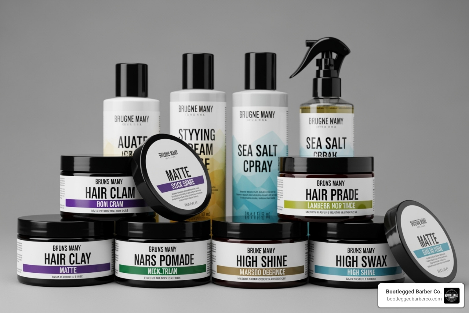 A collection of high-quality men's hair styling products including various jars of clay, pomade, and wax, along with bottles of styling cream and sea salt spray - Crew cut style A collection of high-quality men's hair styling products including various jars of clay, pomade, and wax, along with bottles of styling cream and sea salt spray - Crew cut style