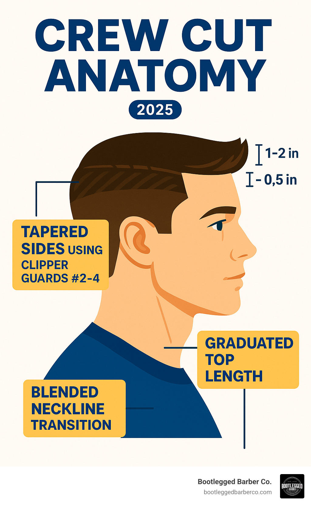 Detailed infographic showing crew cut anatomy with labeled sections: tapered sides using clipper guards #2-4, graduated top length from 1-2 inches at front to 0.5 inches at crown, and blended neckline transition - Crew cut style infographic Detailed infographic showing crew cut anatomy with labeled sections: tapered sides using clipper guards #2-4, graduated top length from 1-2 inches at front to 0.5 inches at crown, and blended neckline transition - Crew cut style infographic