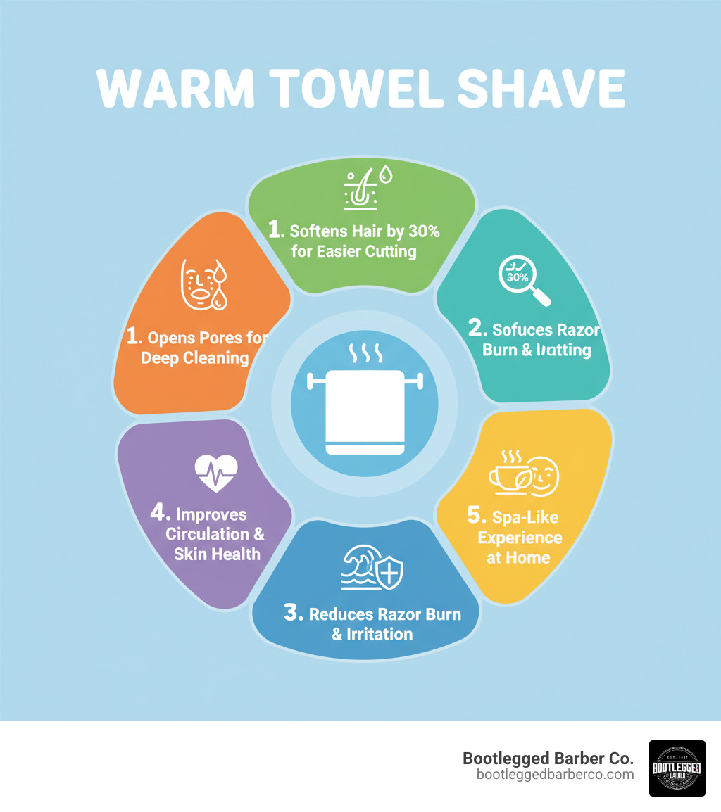 Infographic showing the 5 key benefits of warm towel shave: Opens pores for deep cleaning, Softens hair by 30% for easier cutting, Reduces razor burn and irritation, Improves circulation and skin health, Creates a relaxing spa-like experience at home - warm towel shave infographic 