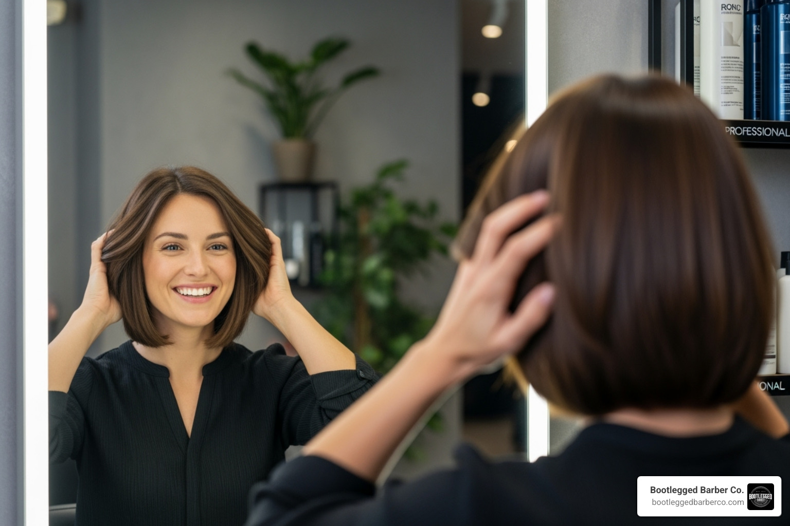 of a happy client looking in the mirror after a haircut - haircuts Herriman Utah