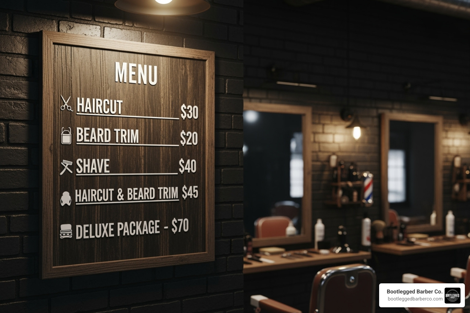 Price list on a stylish Bootlegged Barber Co. menu board - barber herriman