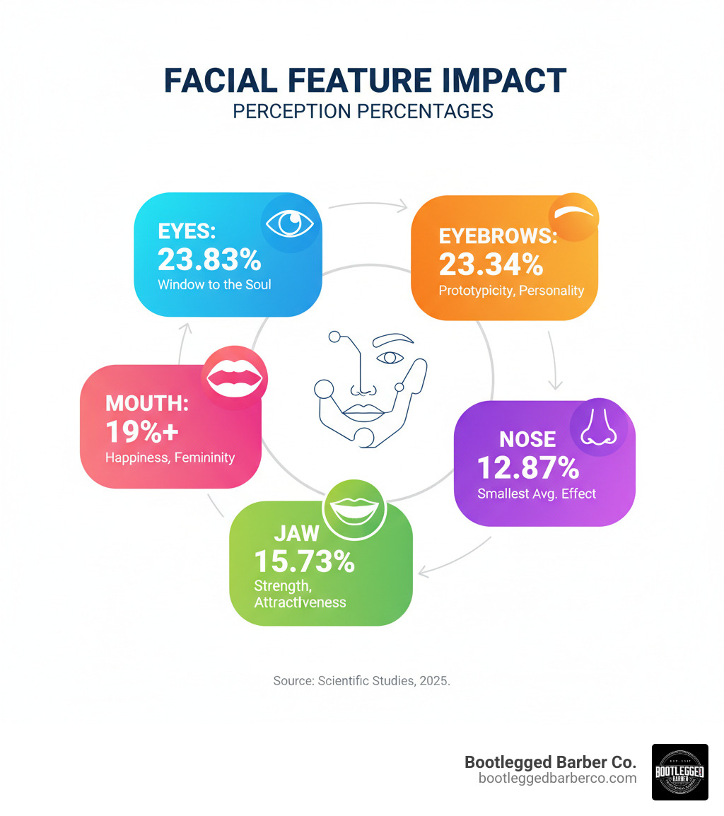 Infographic showing the percentage impact of different facial features: Eyes 23.83%, Jaw 15.73%, Mouth 19%+ for happiness/femininity, Eyebrows 23.34% for prototypicity, Nose 12.87% smallest average effect - Define facial features infographic 