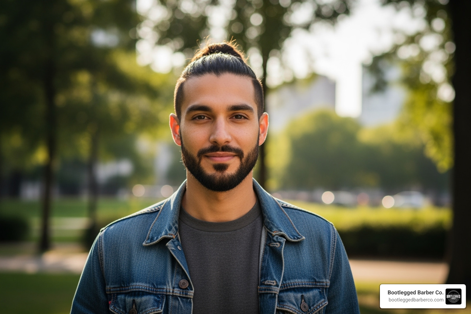 man with man bun and neatly shaped beard - big hair with beard