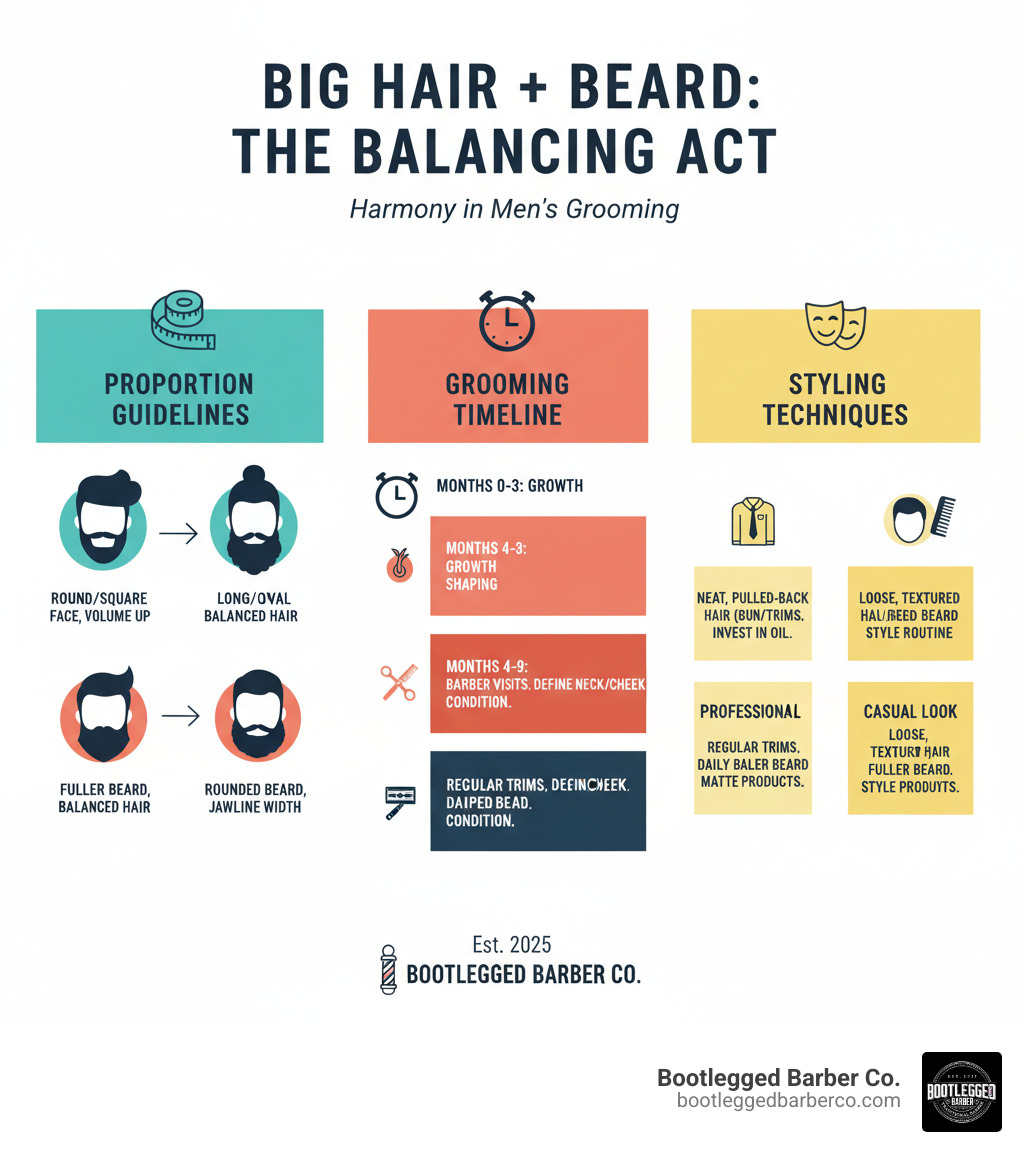 Infographic showing the key principles of balancing big hair with beard: proportion guidelines for different face shapes, essential grooming timeline from growth to maintenance, and styling techniques for professional versus casual looks - big hair with beard infographic 