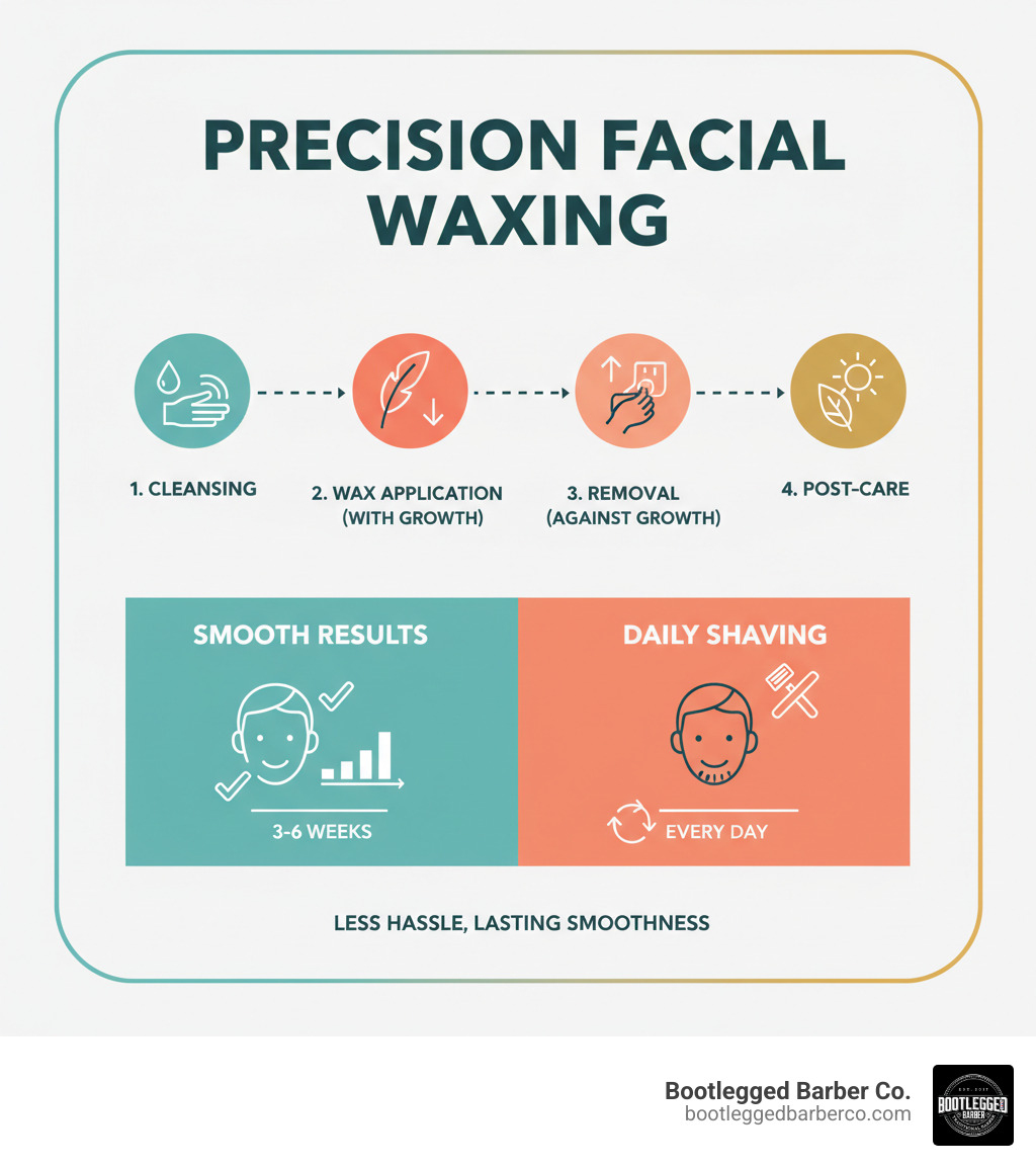 Infographic showing precision facial waxing process: cleansing, wax application in direction of hair growth, precise removal against growth direction, and post-care steps, with comparison of 3-6 week smooth results versus daily shaving requirements - precision facial waxing infographic  Infographic showing precision facial waxing process: cleansing, wax application in direction of hair growth, precise removal against growth direction, and post-care steps, with comparison of 3-6 week smooth results versus daily shaving requirements - precision facial waxing infographic