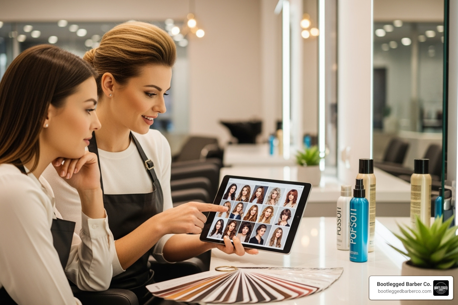 stylist and client looking at hair swatches and inspiration photos - hair restyle package stylist and client looking at hair swatches and inspiration photos - hair restyle package