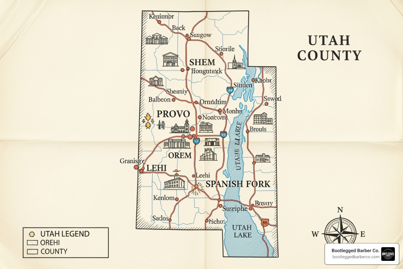 Map highlighting key cities in Utah County like Provo, Orem, Lehi, and Spanish Fork - Barbershop Utah County Map highlighting key cities in Utah County like Provo, Orem, Lehi, and Spanish Fork - Barbershop Utah County