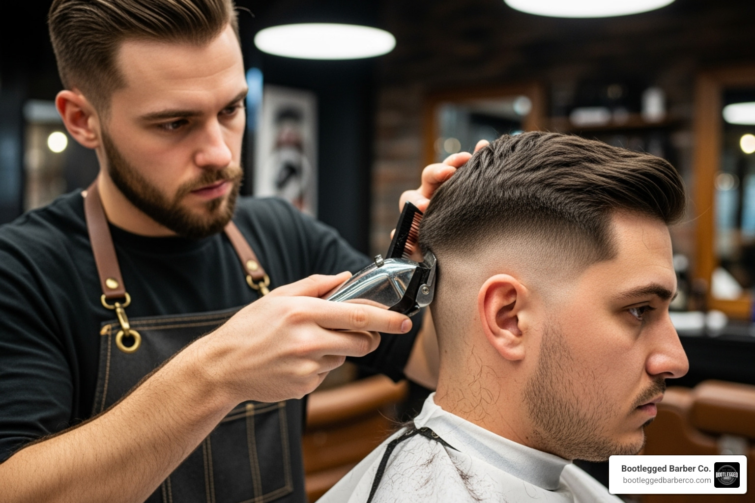 A Bootlegged Barber Co. barber performing a precise fade haircut - Barbershop Utah County A Bootlegged Barber Co. barber performing a precise fade haircut - Barbershop Utah County