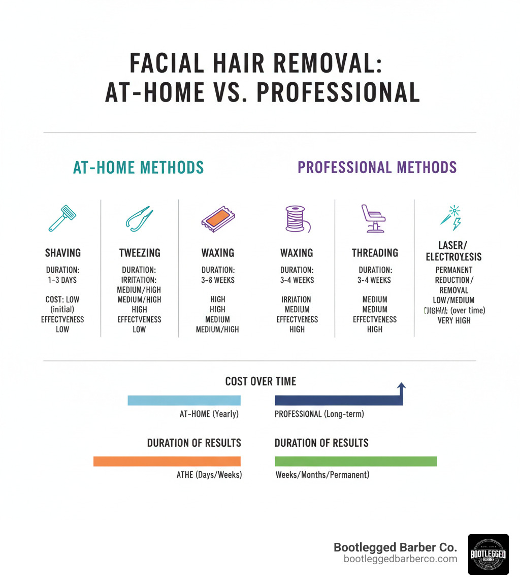 Infographic comparing at-home vs professional facial hair removal showing duration of results, skin irritation levels, cost over time, and effectiveness ratings for shaving, tweezing, waxing, threading, laser, and electrolysis methods - professional facial hair removal infographic Infographic comparing at-home vs professional facial hair removal showing duration of results, skin irritation levels, cost over time, and effectiveness ratings for shaving, tweezing, waxing, threading, laser, and electrolysis methods - professional facial hair removal infographic