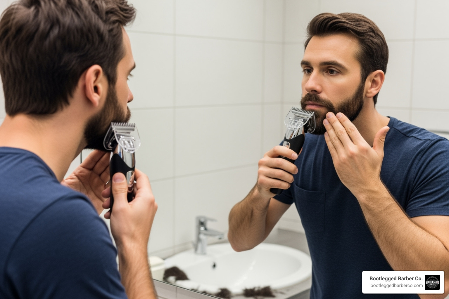man using a beard trimmer with a guard - beard trim short