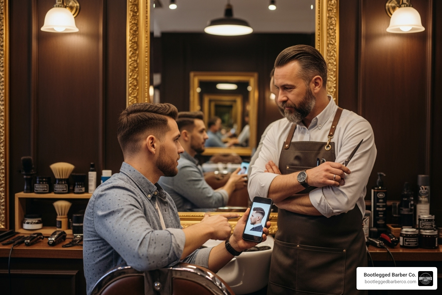 A client and barber having a consultation before a haircut - appointment barber shop