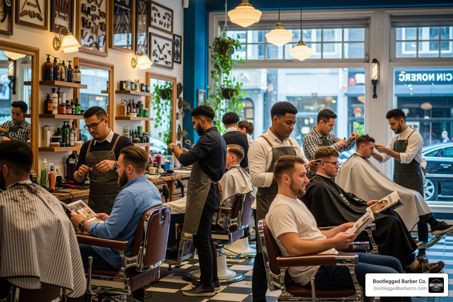 vibrant, well-decorated barbershop with clients and barbers interacting - best men's barber