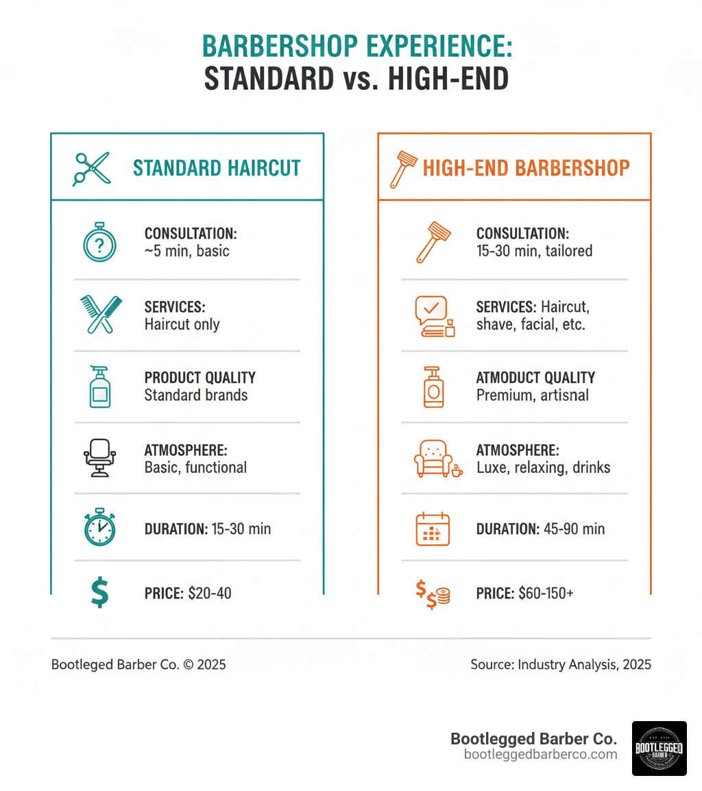 Infographic comparing standard haircut experience versus high-end barbershop experience, showing differences in consultation time, services included, product quality, atmosphere amenities, average appointment duration, and price points - High end barbershop infographic Infographic comparing standard haircut experience versus high-end barbershop experience, showing differences in consultation time, services included, product quality, atmosphere amenities, average appointment duration, and price points - High end barbershop infographic