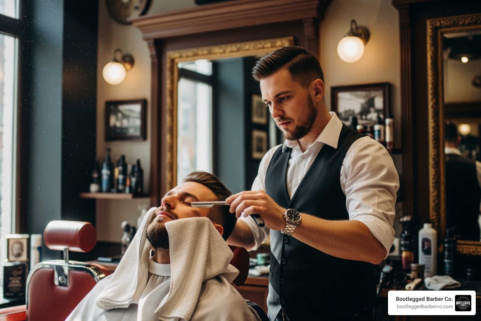 client receiving a hot towel straight razor shave - High end barbershop client receiving a hot towel straight razor shave - High end barbershop