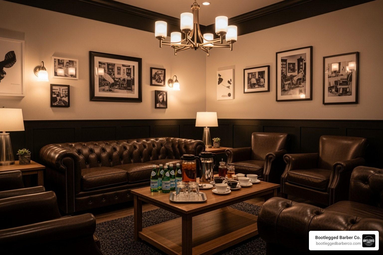 comfortable Bootlegged Barber Co. lounge area with leather seating and complimentary drinks - High end barbershop comfortable Bootlegged Barber Co. lounge area with leather seating and complimentary drinks - High end barbershop