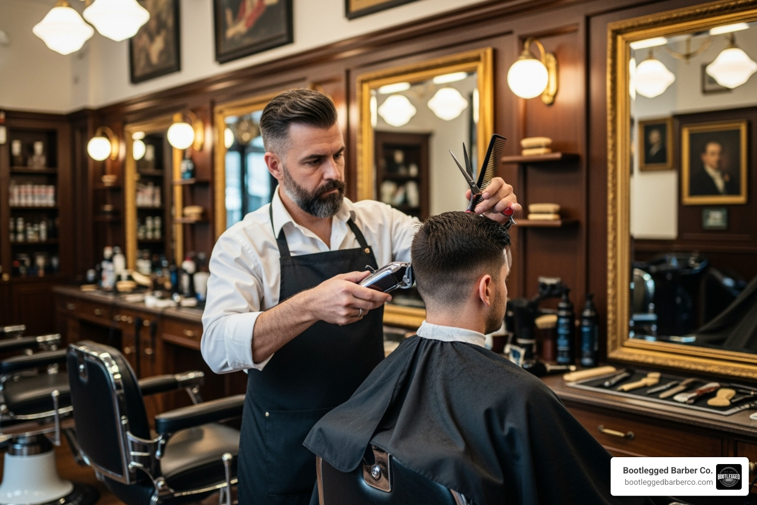 master Bootlegged Barber Co. barber using professional tools like clippers and shears with precision - High end barbershop master Bootlegged Barber Co. barber using professional tools like clippers and shears with precision - High end barbershop