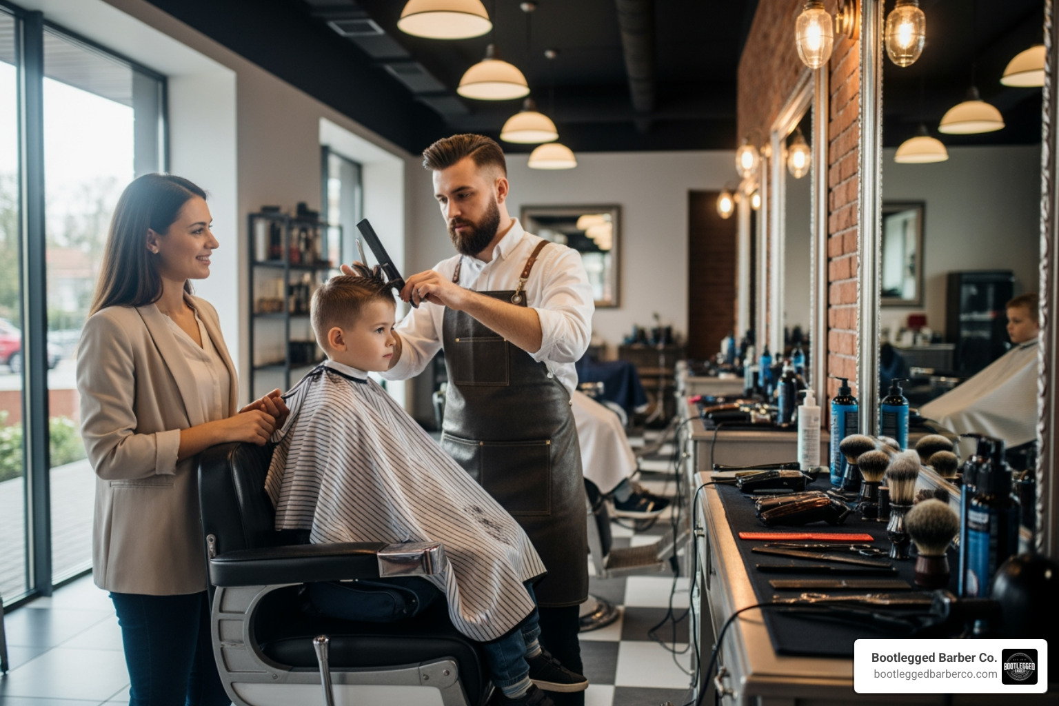 parent holding child's hand while the barber works - First haircut experience