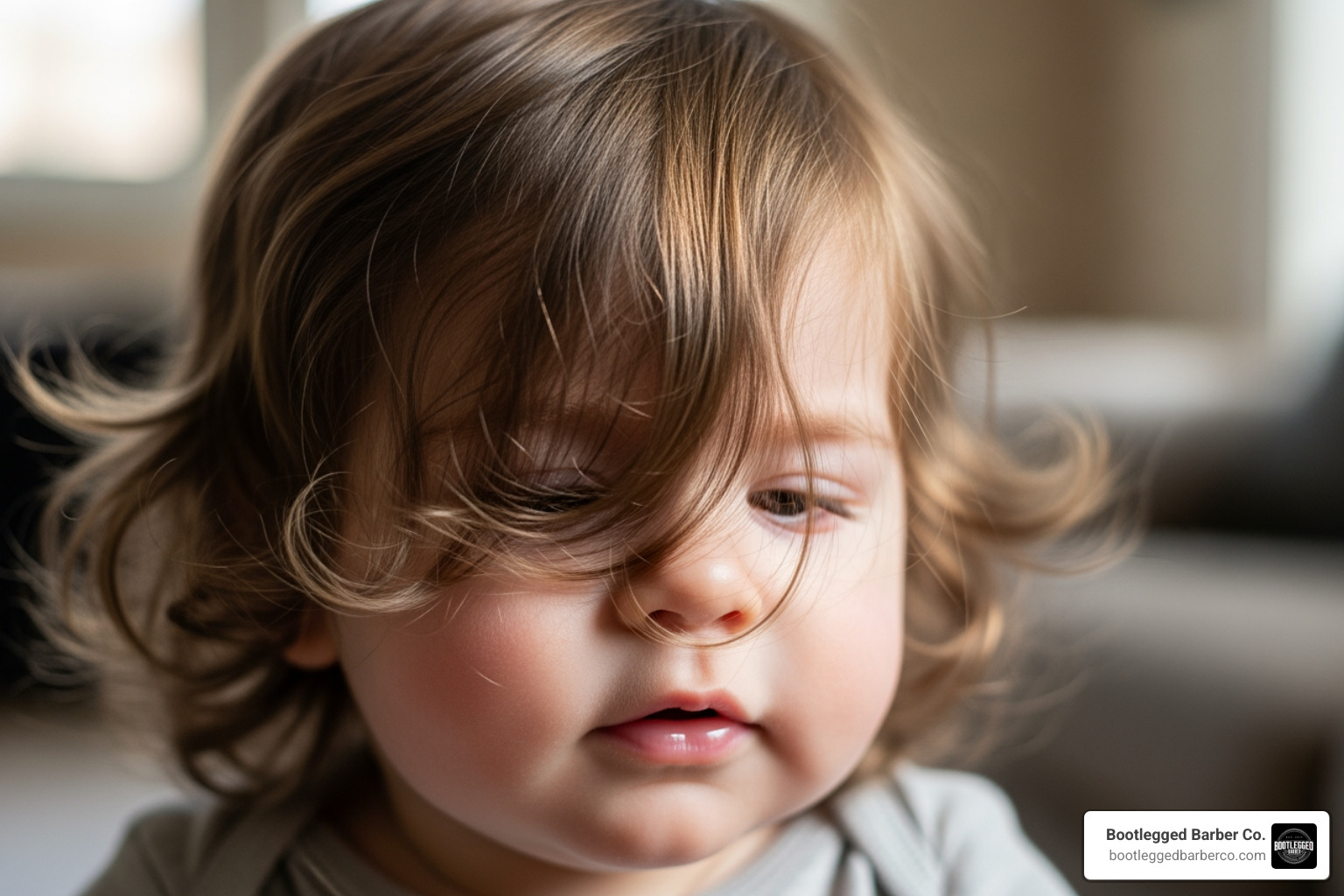 baby with long, wispy hair covering their eyes - First haircut experience