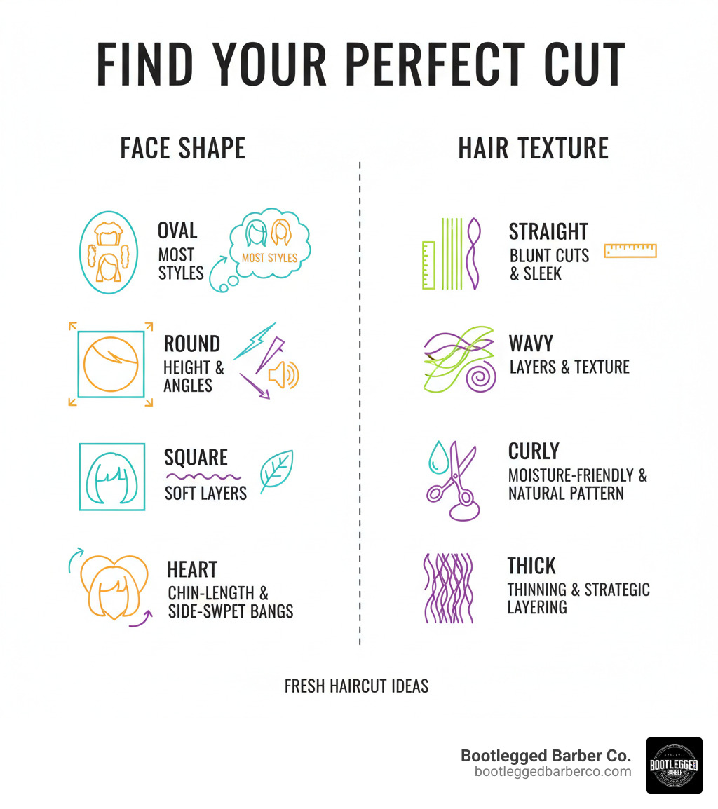 infographic showing how to choose a haircut based on face shape and hair texture, including oval faces suit most styles, round faces benefit from height and angles, square faces work well with soft layers, heart-shaped faces pair with chin-length cuts and side-swept bangs, straight hair excels with blunt cuts and sleek styles, wavy hair thrives with layers and texture, curly hair needs moisture-friendly cuts that enhance natural curl pattern, and thick hair benefits from thinning and strategic layering - Fresh haircut ideas infographic 