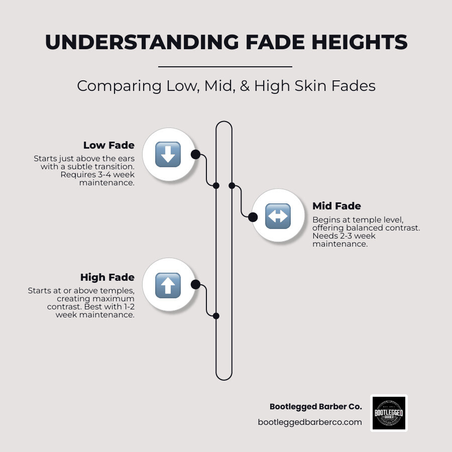Infographic showing the three fade heights: Low Fade starting just above the ears with subtle transition and 3-4 week maintenance; Mid Fade starting at temple level with balanced contrast and 2-3 week maintenance; High Fade starting at or above temples with maximum contrast and 1-2 week maintenance, plus visual comparison of how each pairs with different beard styles - high skin fade haircut with beard infographic infographic-line-3-steps-elegant_beige Infographic showing the three fade heights: Low Fade starting just above the ears with subtle transition and 3-4 week maintenance; Mid Fade starting at temple level with balanced contrast and 2-3 week maintenance; High Fade starting at or above temples with maximum contrast and 1-2 week maintenance, plus visual comparison of how each pairs with different beard styles - high skin fade haircut with beard infographic infographic-line-3-steps-elegant_beige