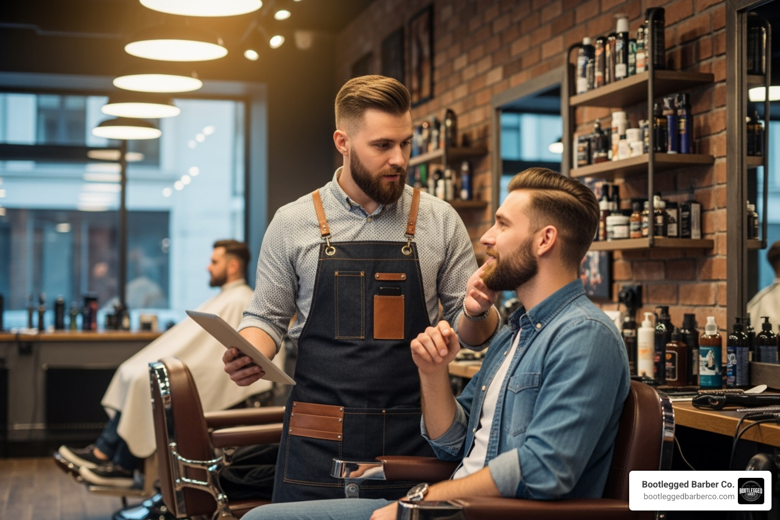barber consulting with a client - high skin fade haircut with beard barber consulting with a client - high skin fade haircut with beard