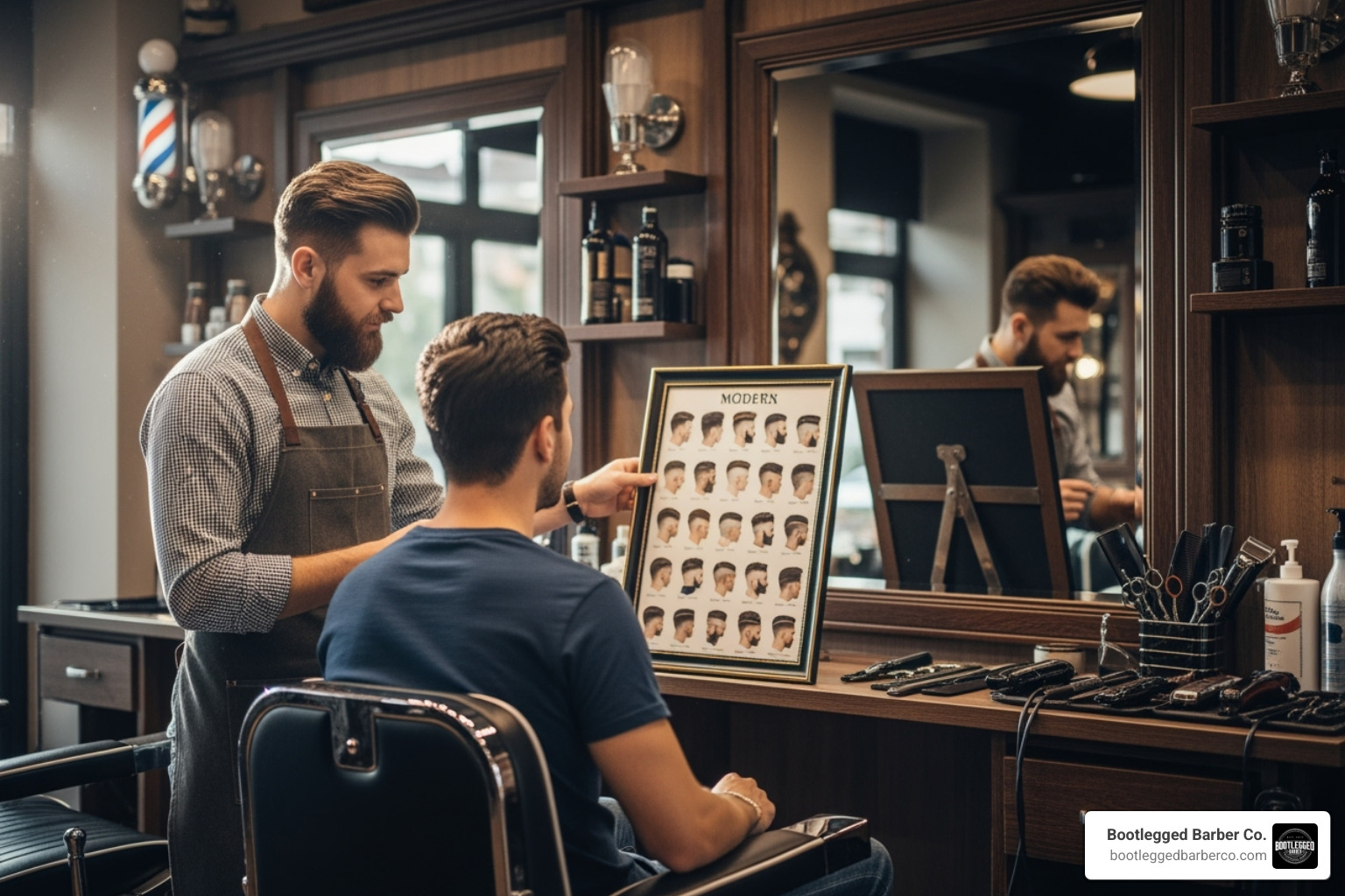 barber consulting with client pointing to hairstyle chart - classic barbershop haircuts barber consulting with client pointing to hairstyle chart - classic barbershop haircuts