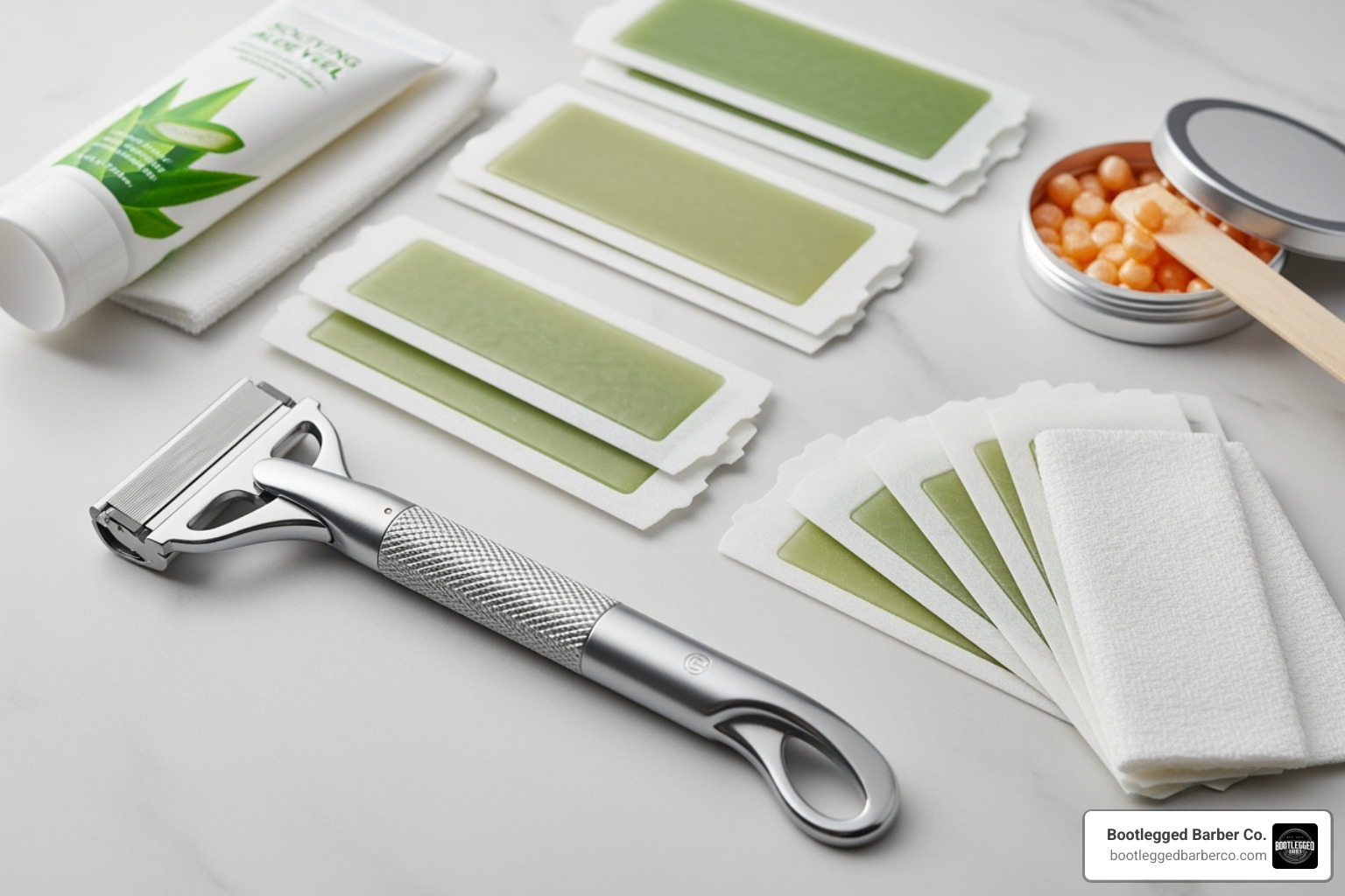 various facial hair removal tools like a dermaplaning razor and wax strips - peach fuzz facial hair