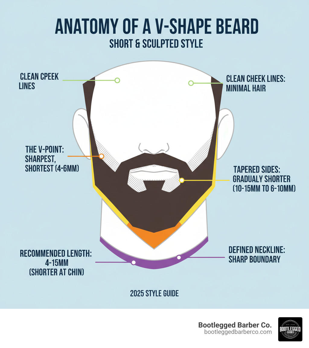 Infographic showing the anatomy of a v shape short beard with labeled sections: pointed chin area (the V-point), clean upper cheek lines (minimal to no hair), tapered sides (gradually shorter from ears to chin), defined neckline (sharp boundary above Adam's apple), and recommended length zones (4-15mm throughout with shortest at the point) - v shape short beard infographic 