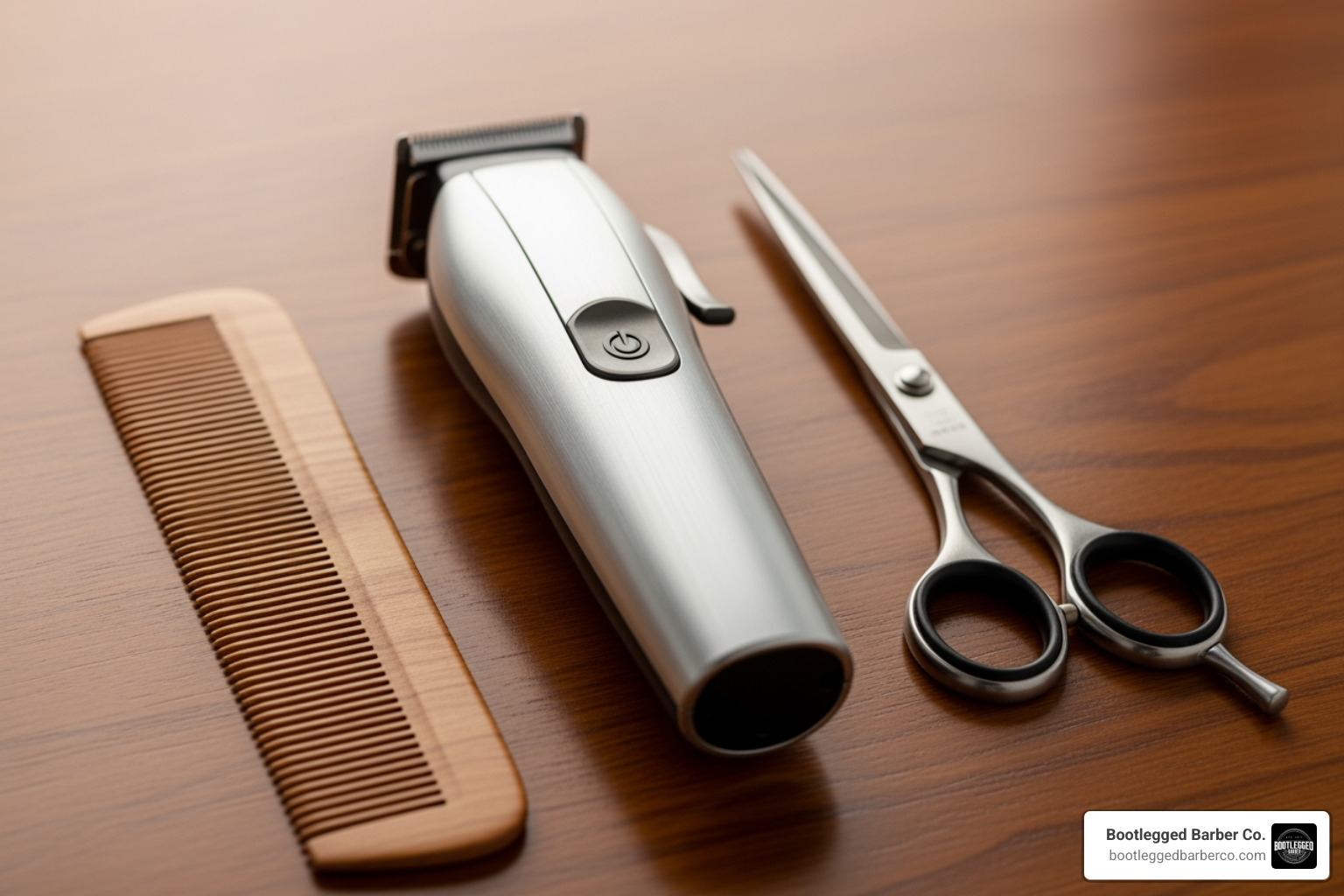 essential beard grooming tools like a trimmer, scissors, and comb