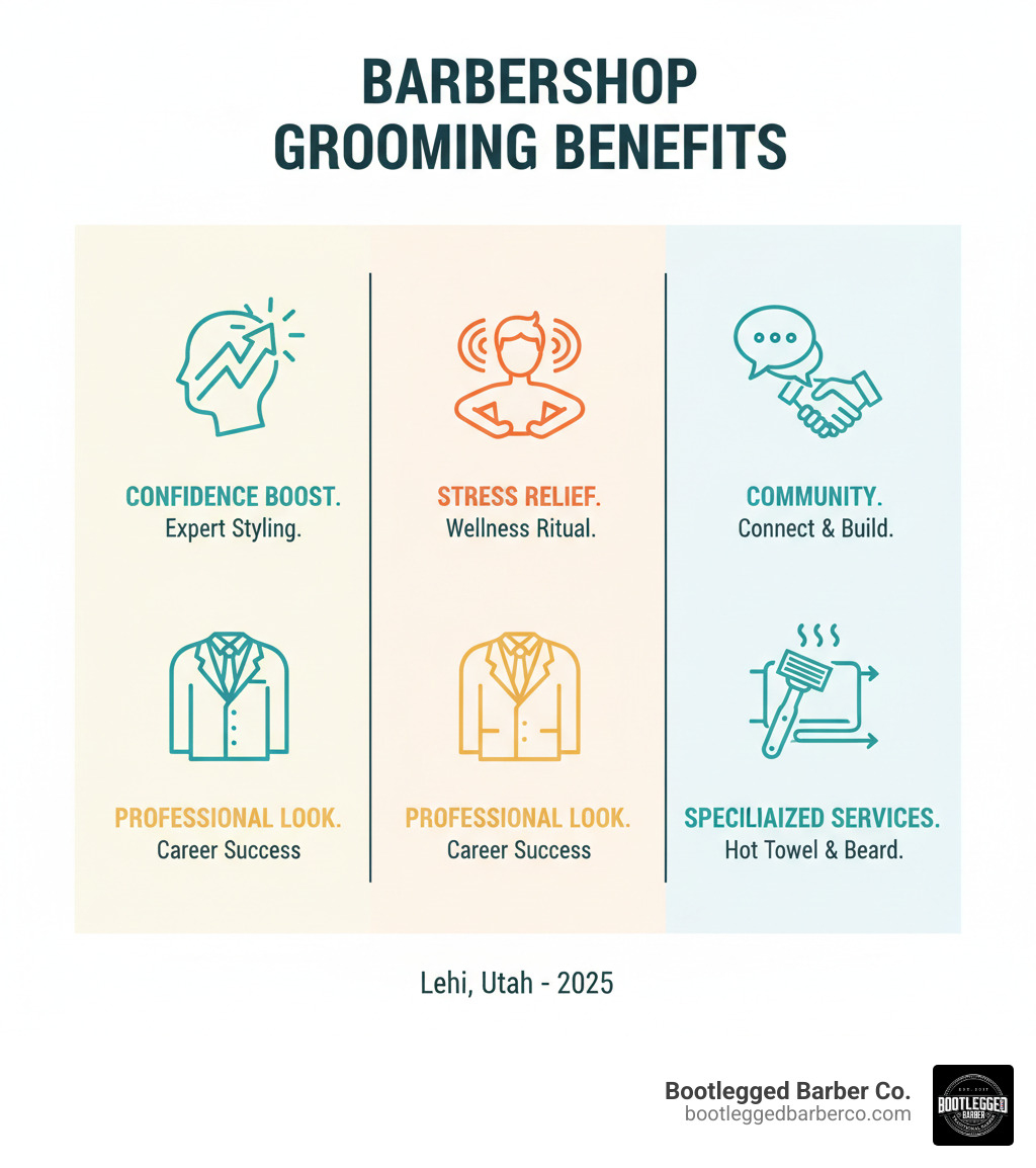 Infographic showing the benefits of professional barbershop grooming: Enhanced self-confidence through expert styling, stress relief and mental wellness from the grooming ritual, community connection and relationship building, professional appearance for career success, and access to specialized services like hot towel shaves and beard sculpting - barber shops in lehi utah infographic 