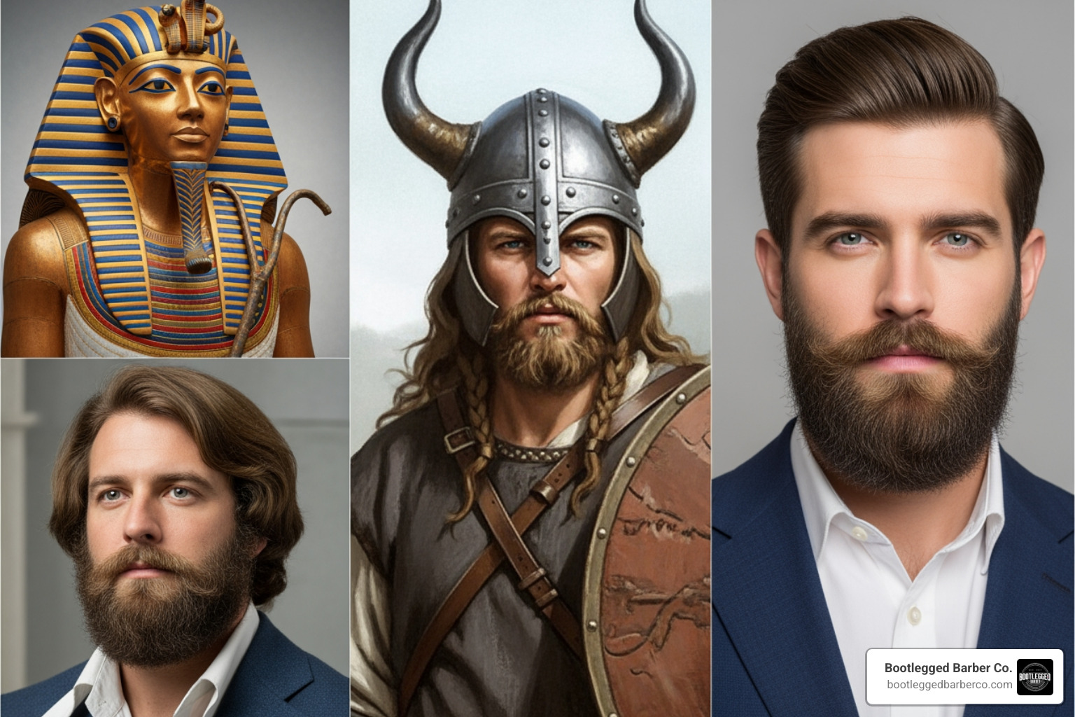 collage showing beards throughout history (Ancient Egypt, Vikings, 70s, modern day) - hair and beard transformation collage showing beards throughout history (Ancient Egypt, Vikings, 70s, modern day) - hair and beard transformation