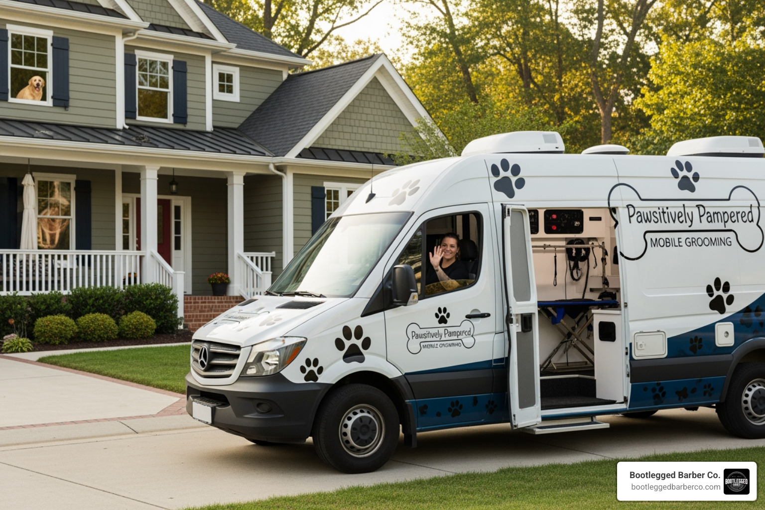 a mobile grooming van arriving at a home - full grooming package a mobile grooming van arriving at a home - full grooming package