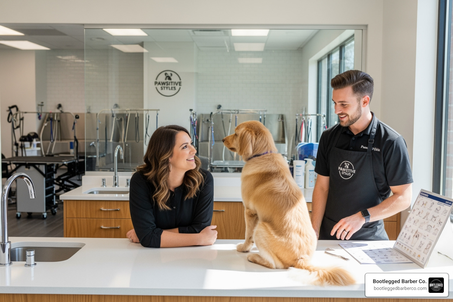 a dog owner talking to a groomer at a salon counter - full grooming package a dog owner talking to a groomer at a salon counter - full grooming package
