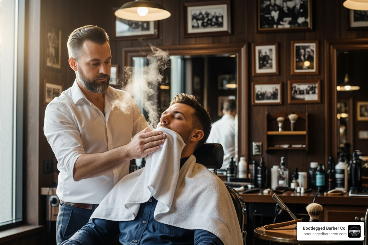Barber performing a hot towel shave - Men's grooming expert Barber performing a hot towel shave - Men's grooming expert
