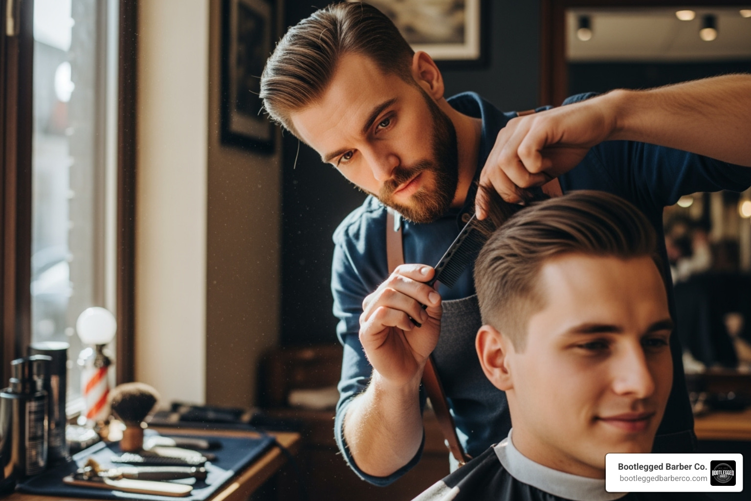 Barber analyzing a client's hair texture - Hair styling consultation Barber analyzing a client's hair texture - Hair styling consultation