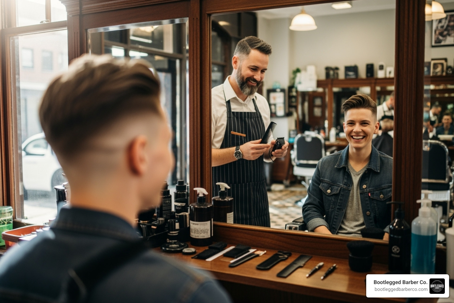 Happy client with a fresh haircut looking in the mirror - Hair styling consultation Happy client with a fresh haircut looking in the mirror - Hair styling consultation