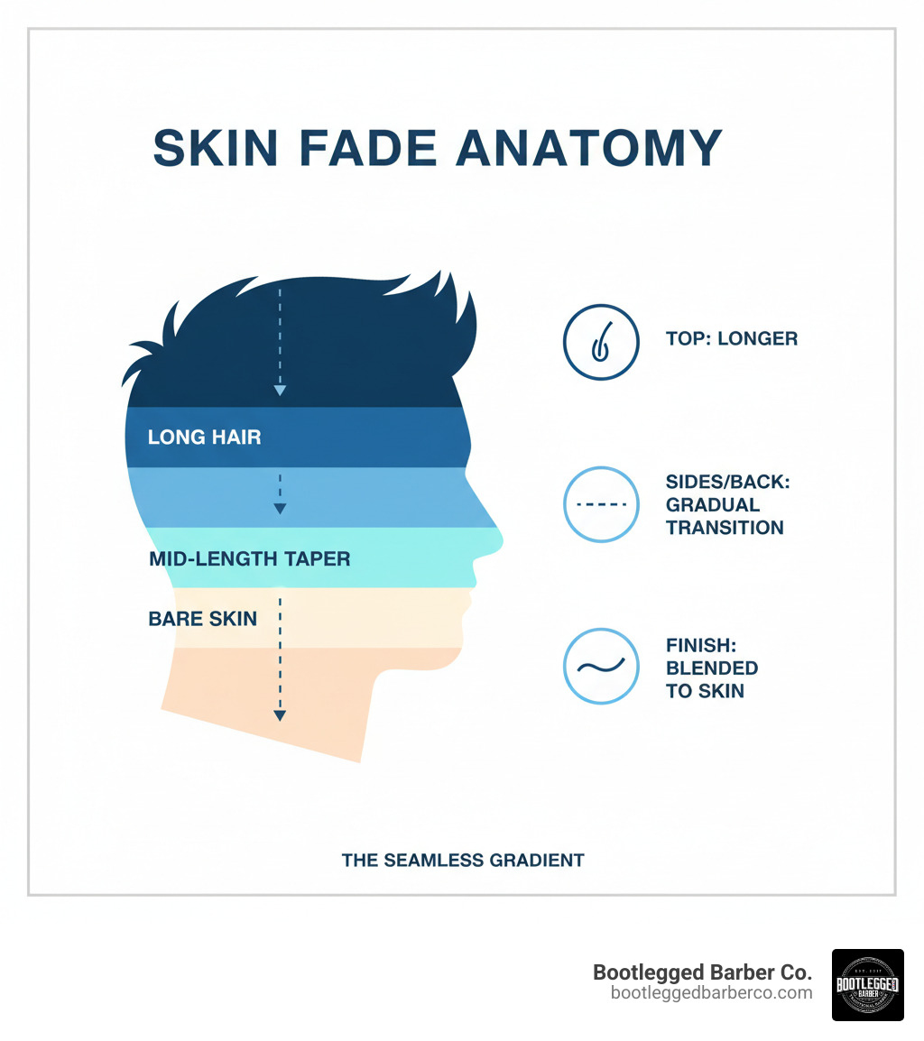infographic showing the gradient transition of a skin fade from longer hair on top gradually tapering down through mid-length to bare skin on the sides and back - haircut with skin fade infographic infographic showing the gradient transition of a skin fade from longer hair on top gradually tapering down through mid-length to bare skin on the sides and back - haircut with skin fade infographic