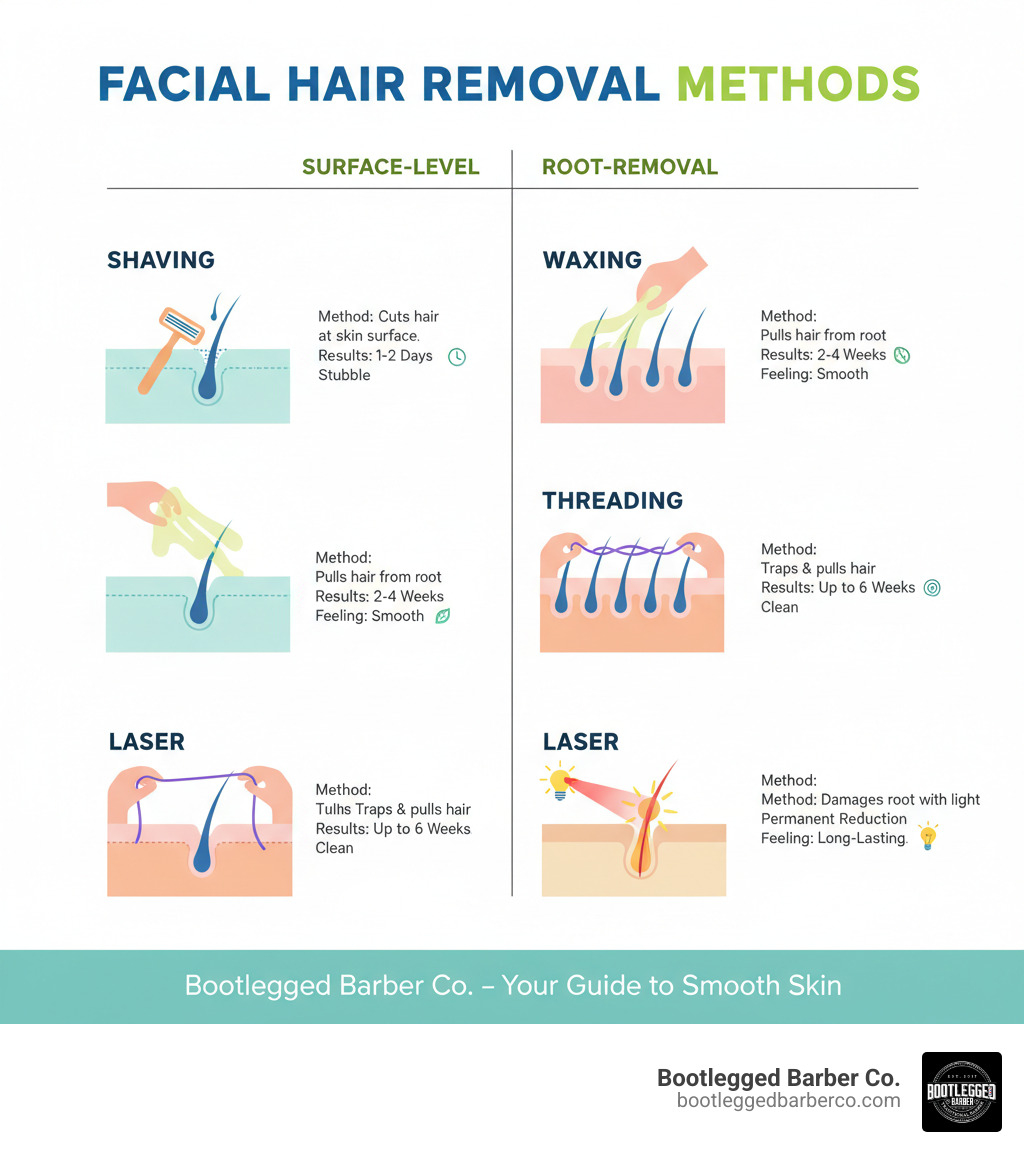 Infographic showing a side-by-side comparison of surface-level facial hair removal methods like shaving versus root-removal methods like waxing, threading, and laser, with illustrations of hair follicles and skin layers for each technique - facial hair removal infographic Infographic showing a side-by-side comparison of surface-level facial hair removal methods like shaving versus root-removal methods like waxing, threading, and laser, with illustrations of hair follicles and skin layers for each technique - facial hair removal infographic